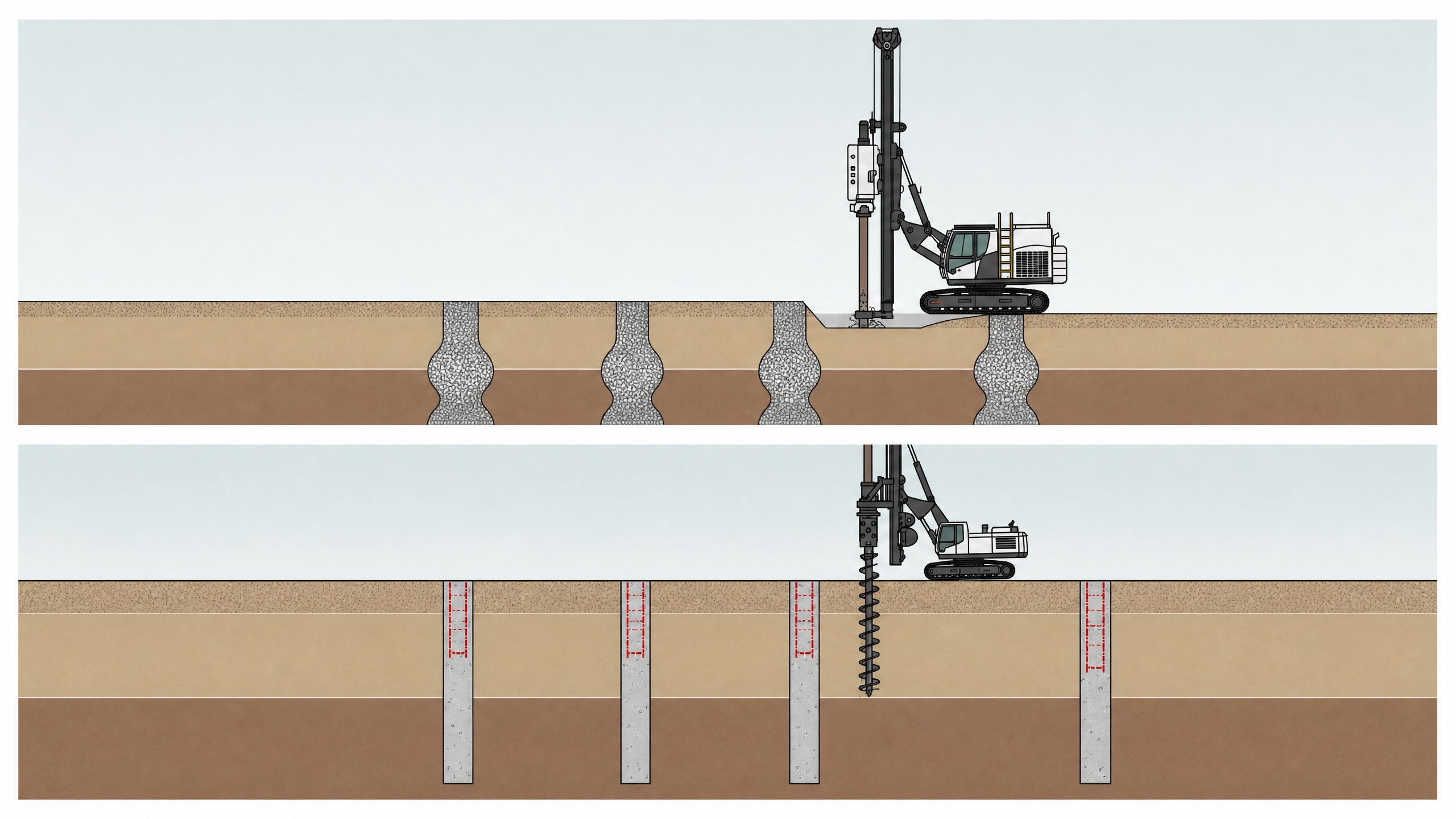 Illustrative Vibro Stone Column and CFA pile working-platform sections with unbranded construction rigs